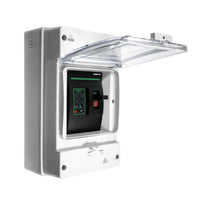 Angled view of the DC circuit breaker enclosure with the transparent protective front cover flipped open