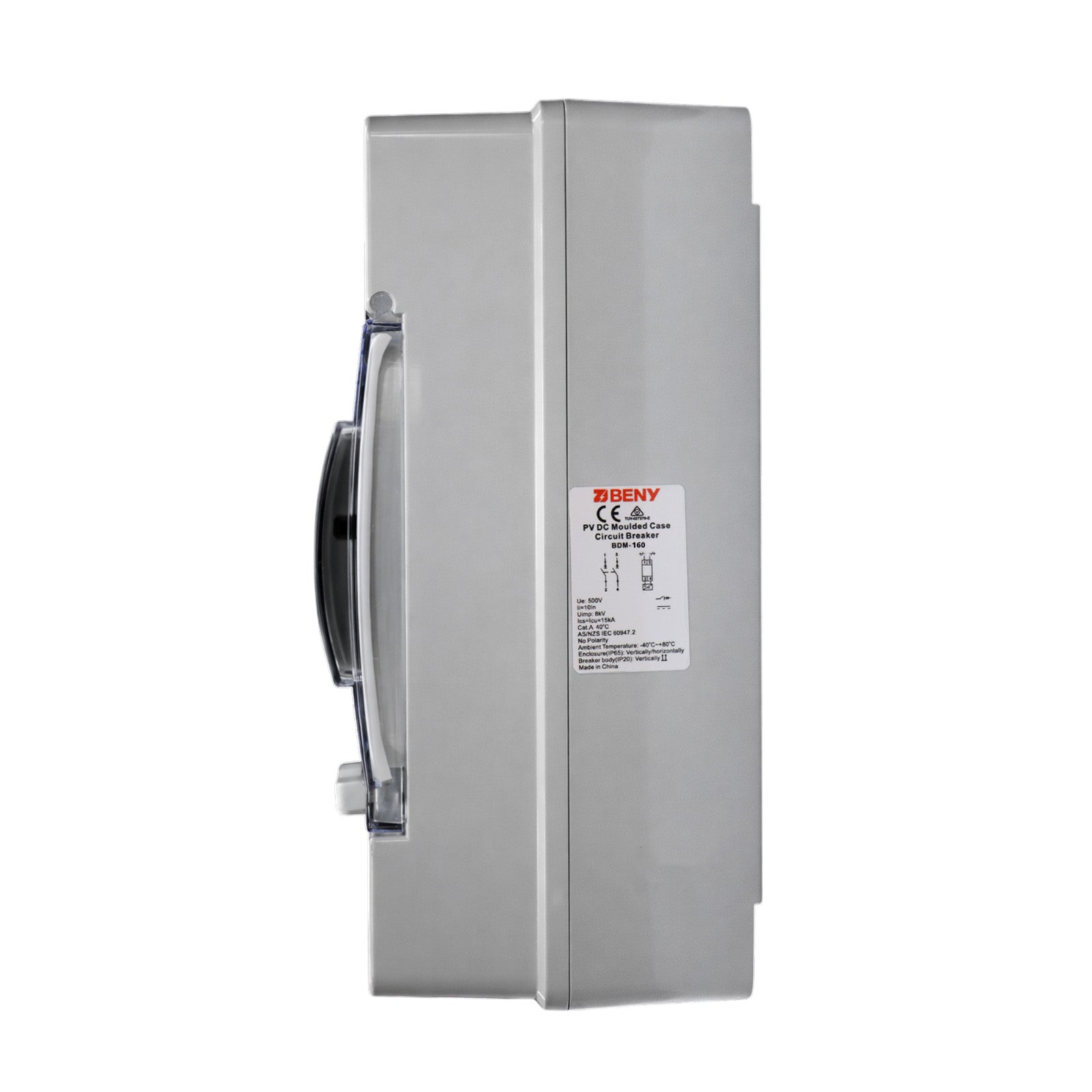 Side view of the ZJBeny DC circuit breaker enclosure showing the technical specification and compliance label