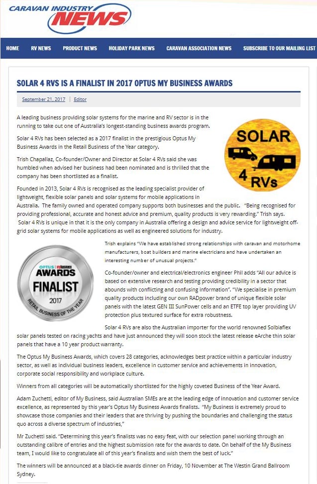 Caravan Industry News article highlighting Solar 4 RVs 