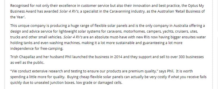 Caravan Industry News solar specialist wins award article part 2