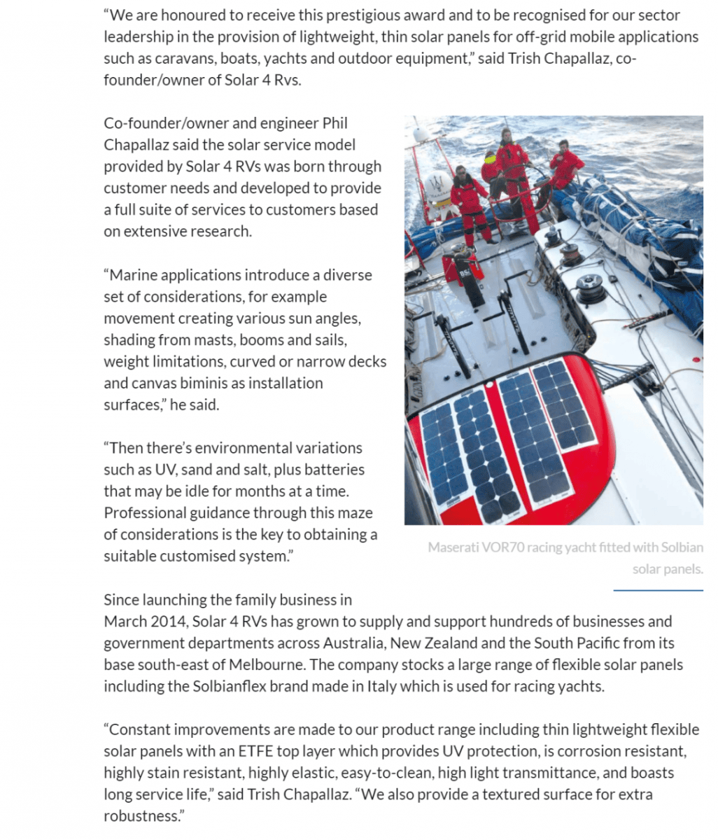 Marine Business article about Solar 4 RVs 2