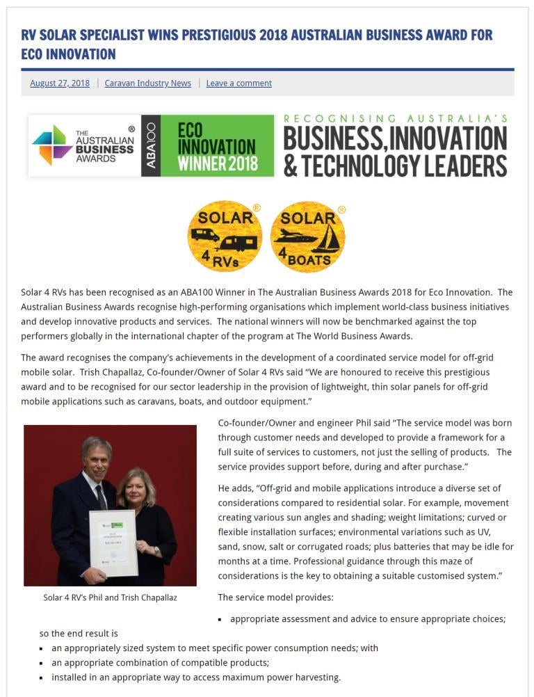 Caravan Industry News announces Solar 4 RVs Australian Business Award win p1