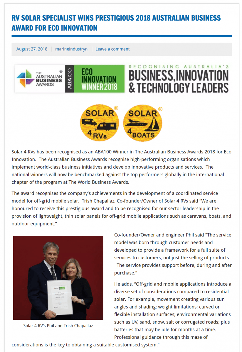 Marine Industry News Solar 4 RVs wins prestigious Award page 1