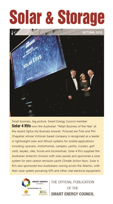 Solar & Storage Magazine article featuring Award win of Trish and Phil Chapallaz from Solar 4 RVs