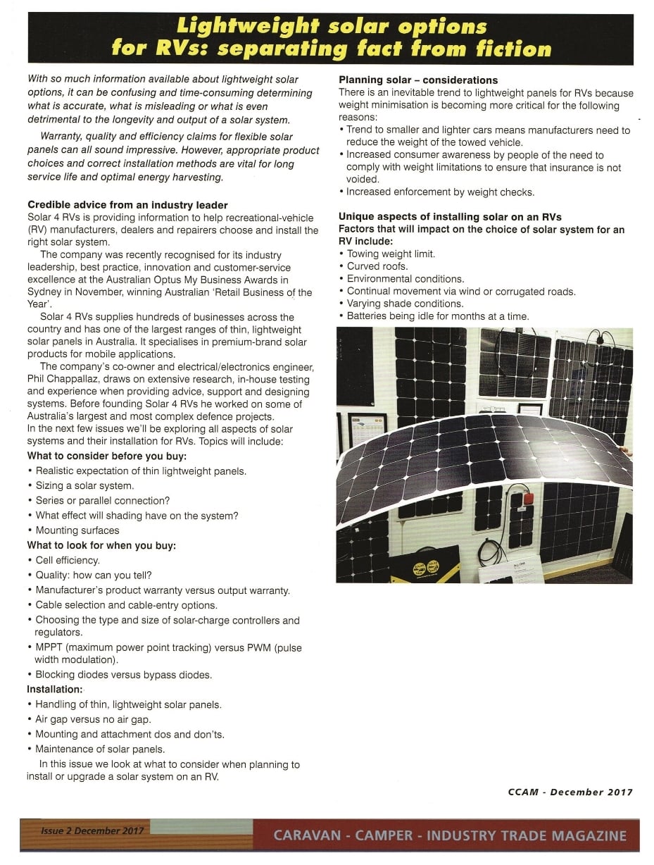 Caravan and Camping Aftermarket  Magazine technical article about solar 
