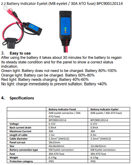 Victron Battery Indicator Eyelet (M8 eyelet / 30A ATO fuse) (Suits IP65 Battery Charger) Manual page 2 & specifications
