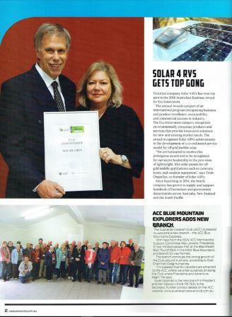 Caravan World Magazine October 2018 edition page 12 Solar 4 RVs wins Award