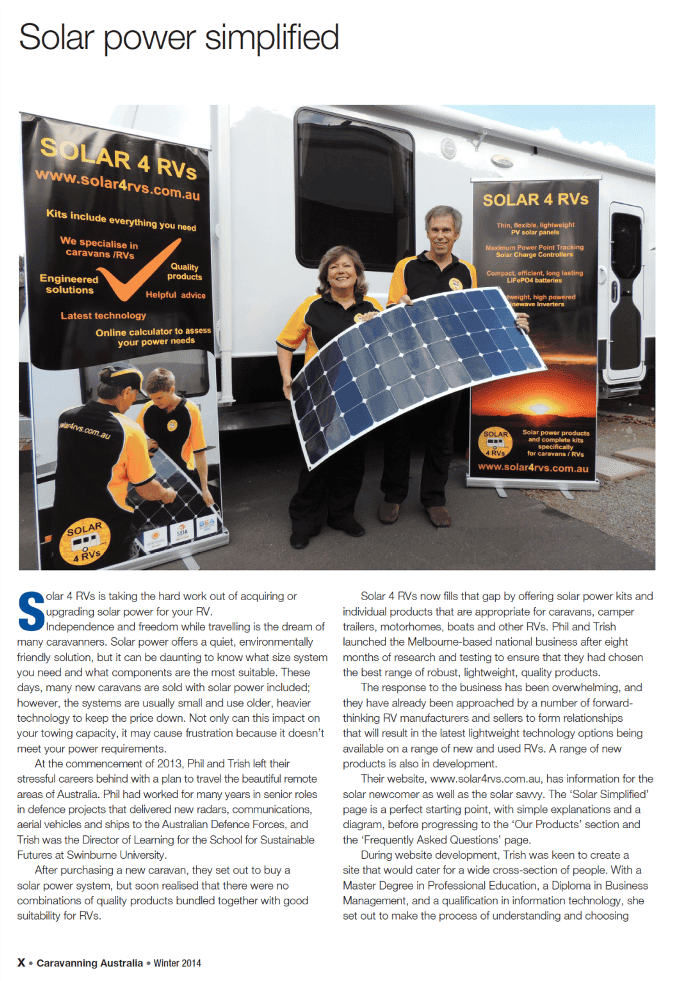 Caravanning Australia Magazine article about Solar 4 RVs page 1