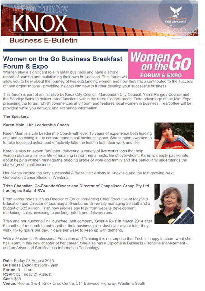 Knox Business E-Bulletin promoting Women On The Go Forum