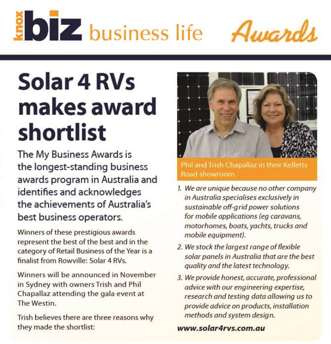 solar company award finalist recognised in KnoxBiz business life magazine 
