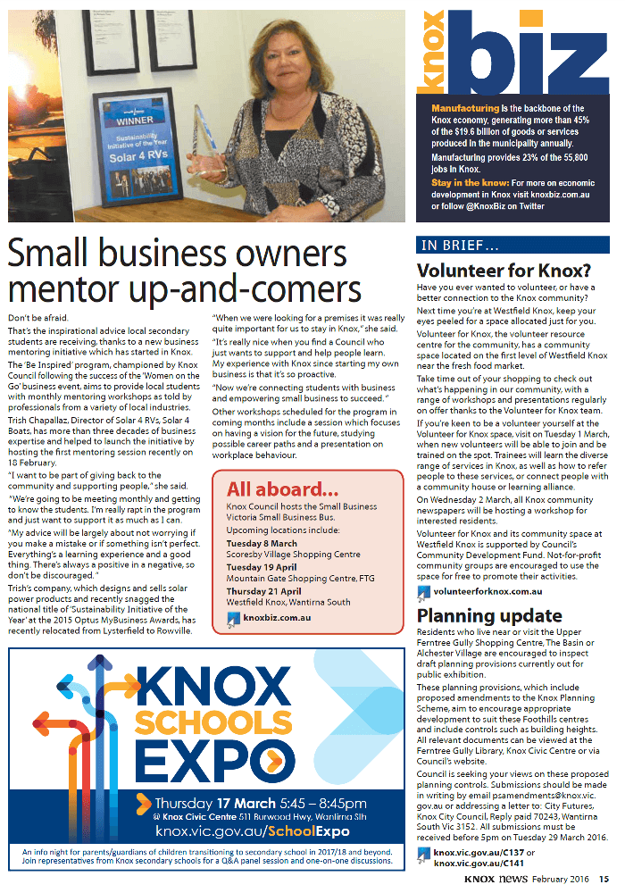 KnoxBiz Magazine highlights business mentoring for school students with Trish Chapallaz