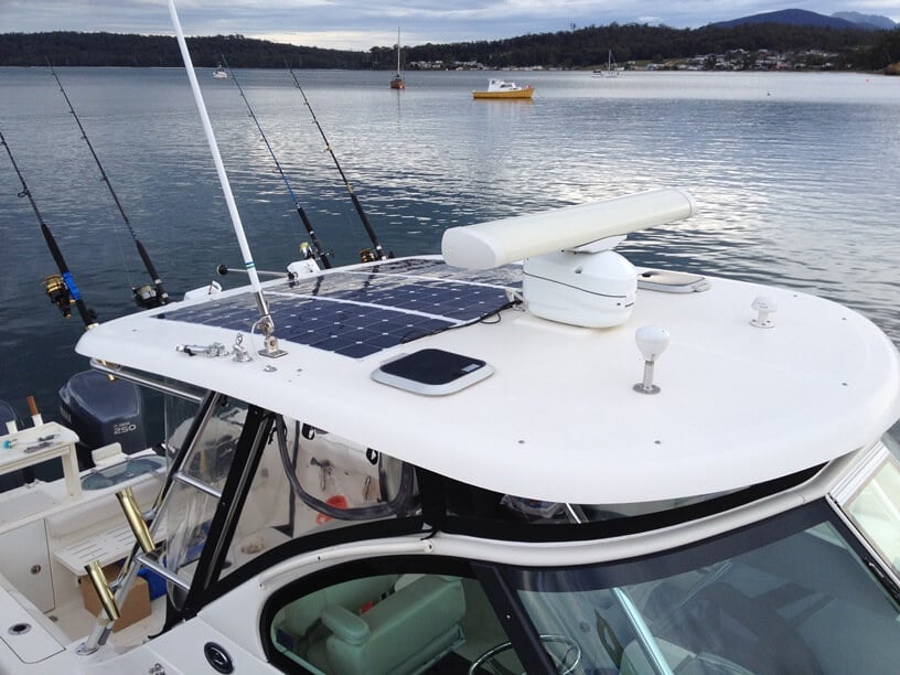 Flexible solar panels on boat canopy
