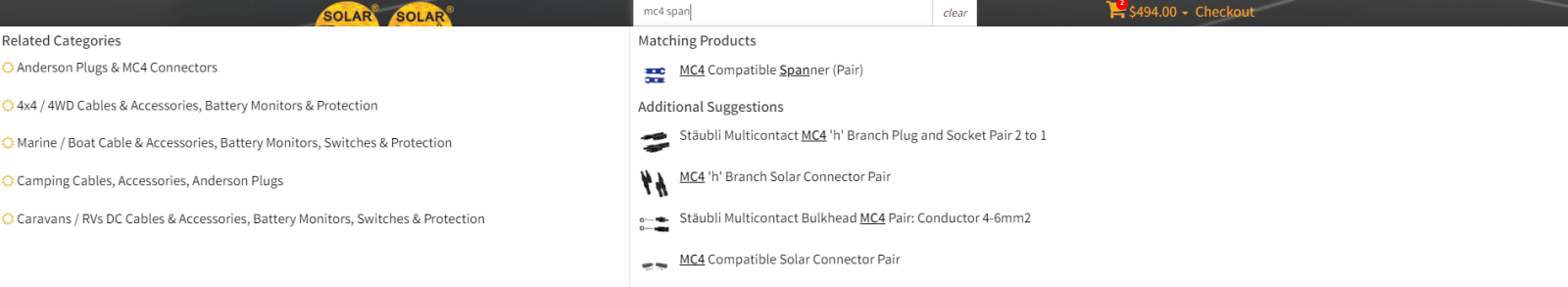 Solar 4 RVs New Search bar showing advanced categorisation feature and fuzzy search