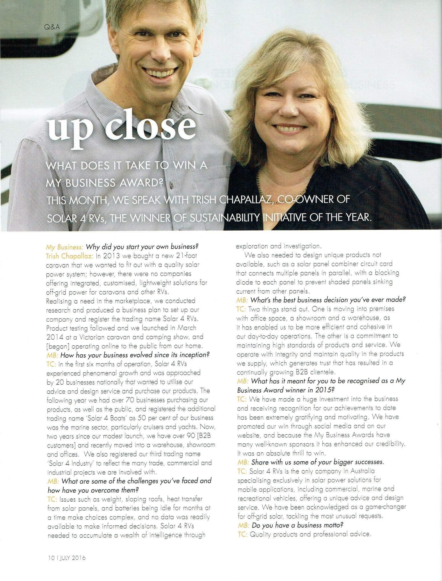 Phil and Trish from Solar 4 RVs in My Business magazine