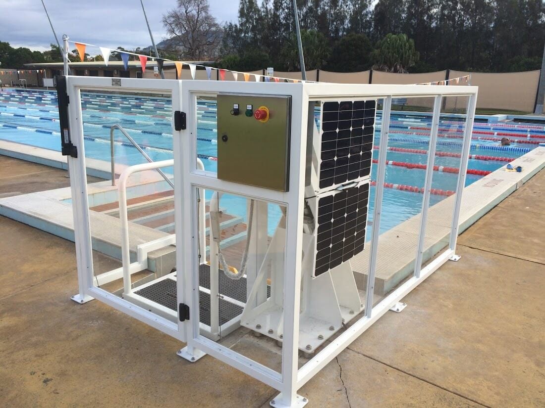 Disability pool entry chair powered by solar