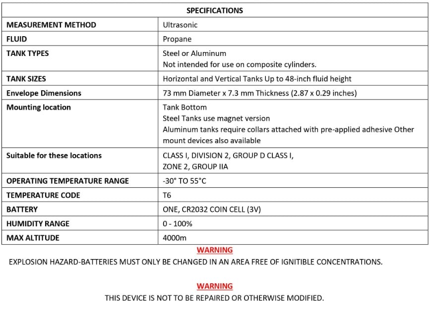 Mopeka Pro Check LPG Tank Level Sensor Specifications