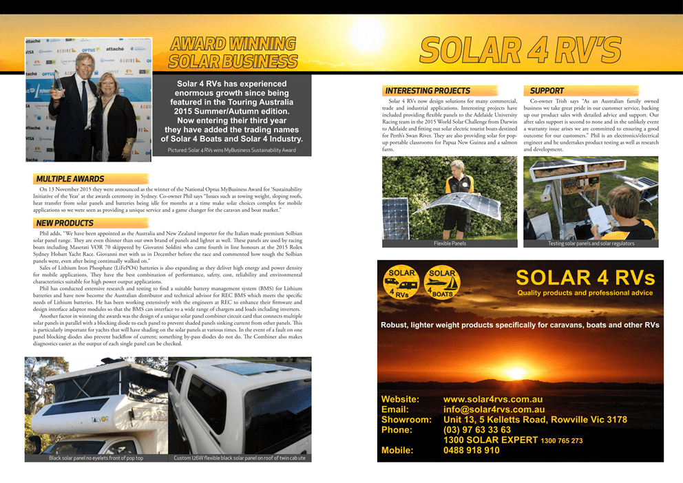Touring Australlia Magazine features Solar 4 RVs