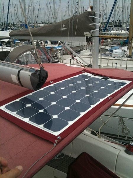 Lightweight flexible marine solar panels on bimini