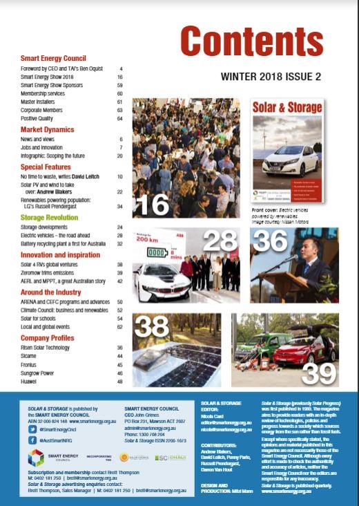 Solar and Storage Magazine Winter 2018 Edition Contents page