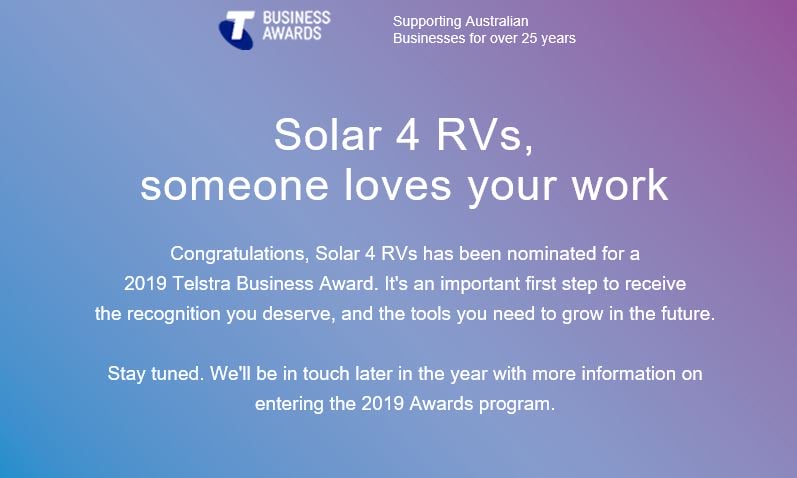 Solar 4 RVs has been nominated for the Telstra Business Awards