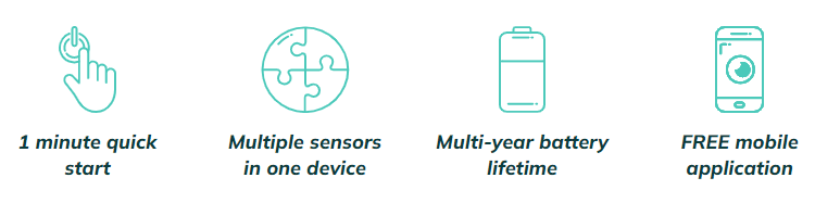 1 minute quick start, multiple sensors in one device, long-life battery, mobile app
