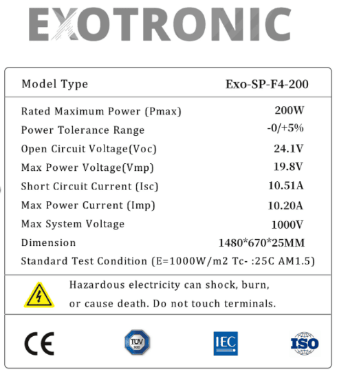 Exotronic 200W solar panel specifications