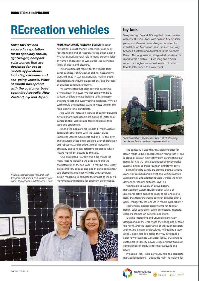 p 38 Solar & Storage Magazine features off grid solar for caravans and boats