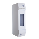 Angled view of white plastic 1-module DIN rail surface mount enclosure with front window