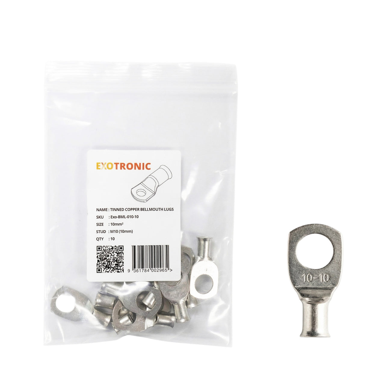 Pack of 10 Exotronic 10mm² tinned copper lugs with M10 stud hole in retail packaging