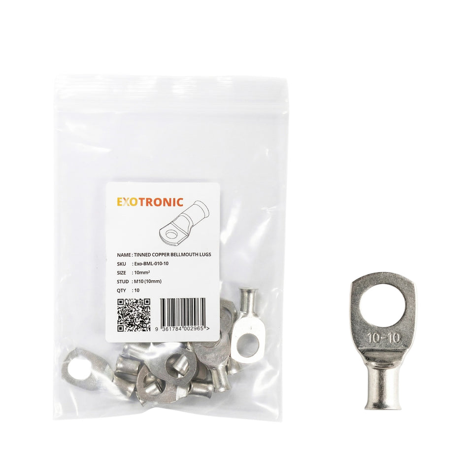 Pack of 10 Exotronic 10mm² tinned copper lugs with M10 stud hole in retail packaging