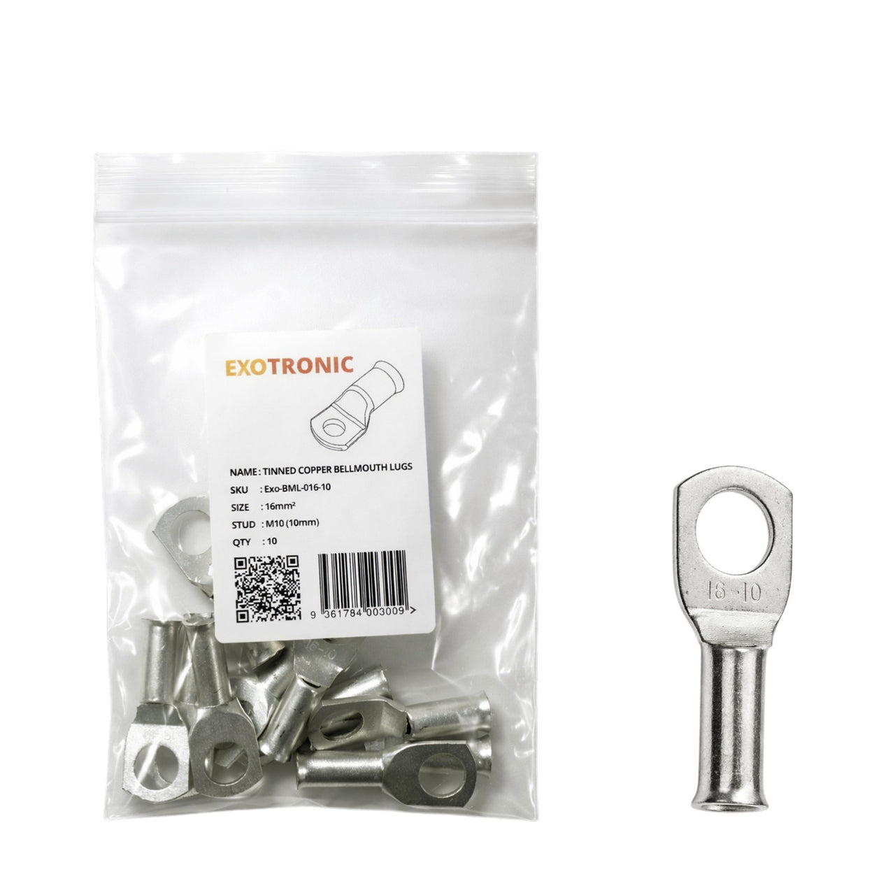 10 pack of 16mm squared tinned copper lugs with M10 stud hole in retail packaging