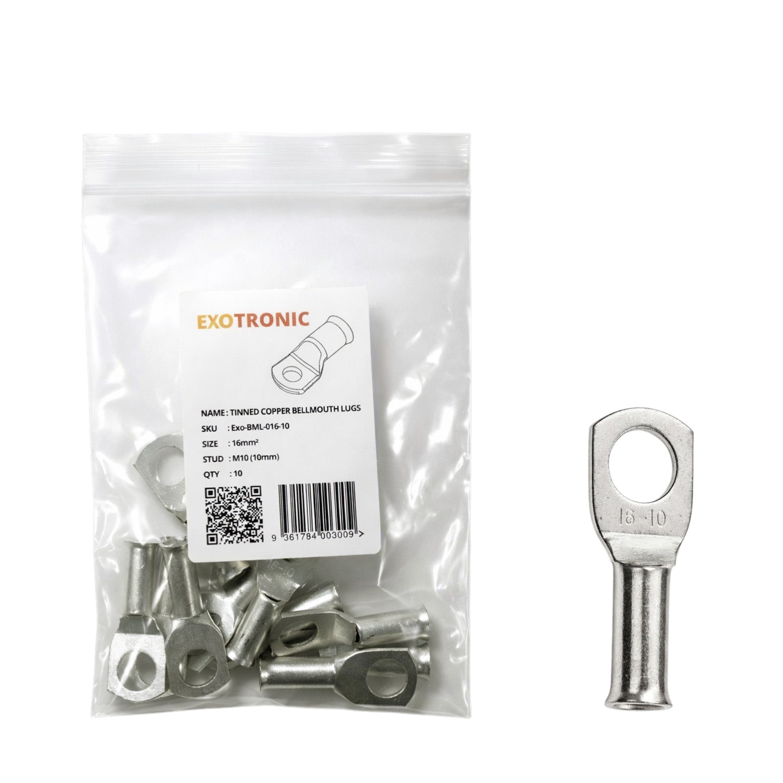 10 pack of 16mm squared tinned copper lugs with M10 stud hole in retail packaging