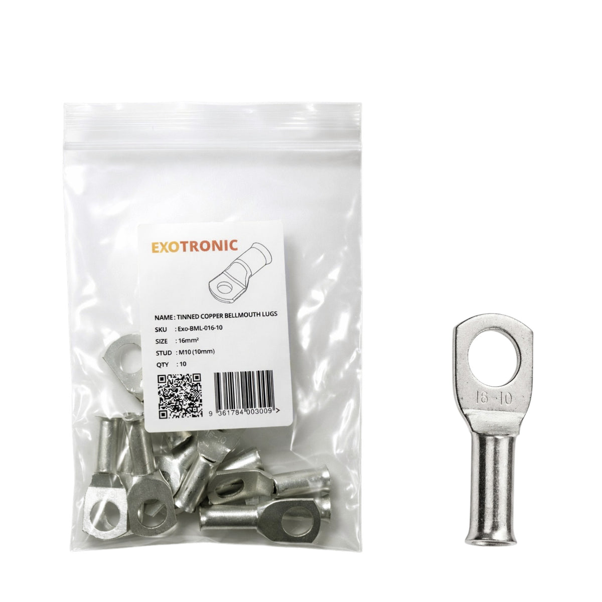10 Pack of Exotronic 16mm² Copper Lug M10 | Bellmouth | Exo-BML-016-10 ...