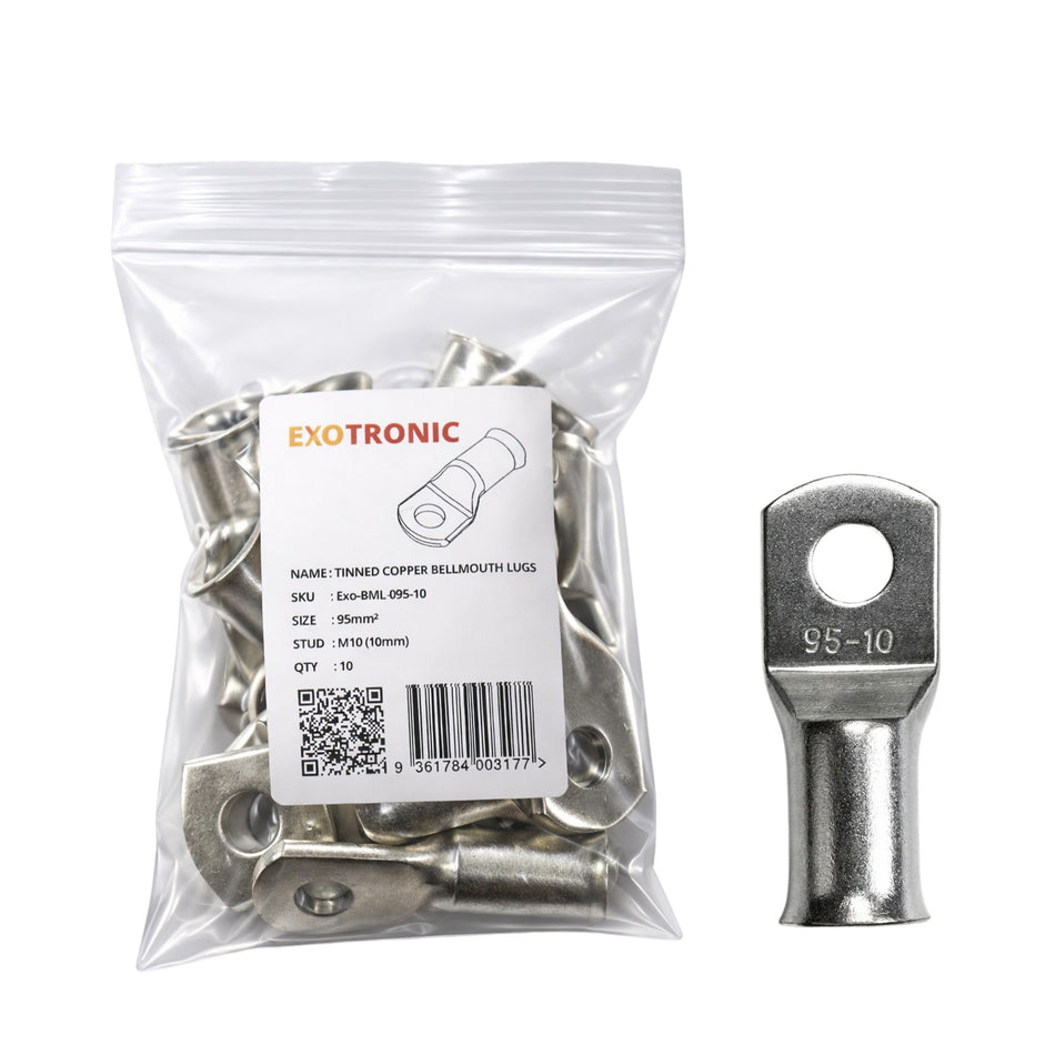 Pack of ten 95mm tinned copper bellmouth lugs with M10 stud hole in retail packaging