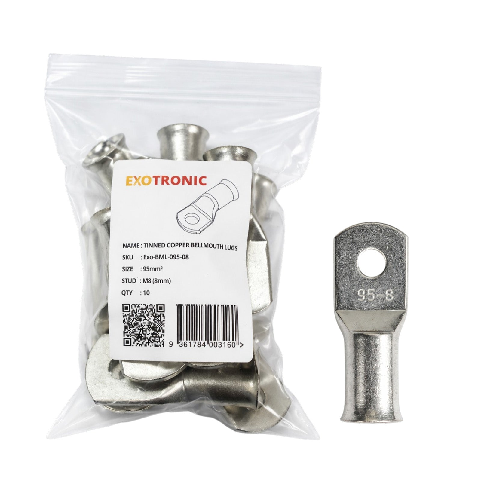 Pack of ten Exotronic 95mm squared tinned copper lugs with M8 stud holes in a clear bag with label