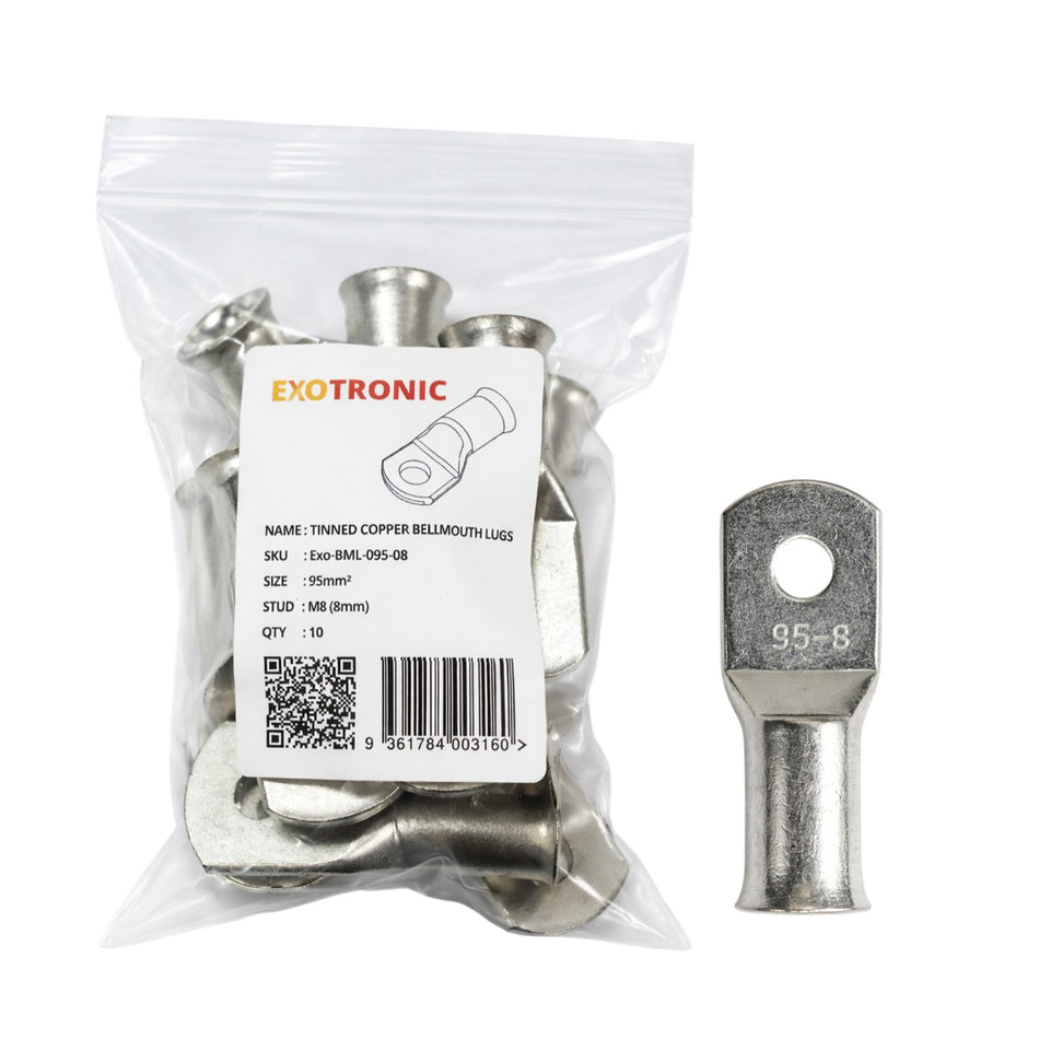 Pack of ten Exotronic 95mm squared tinned copper lugs with M8 stud holes in a clear bag with label
