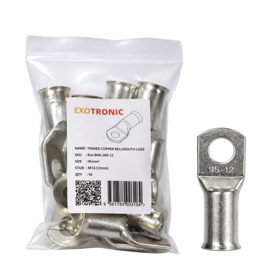 10 pack of 95mm2 copper lugs with M12 hole in clear retail packaging