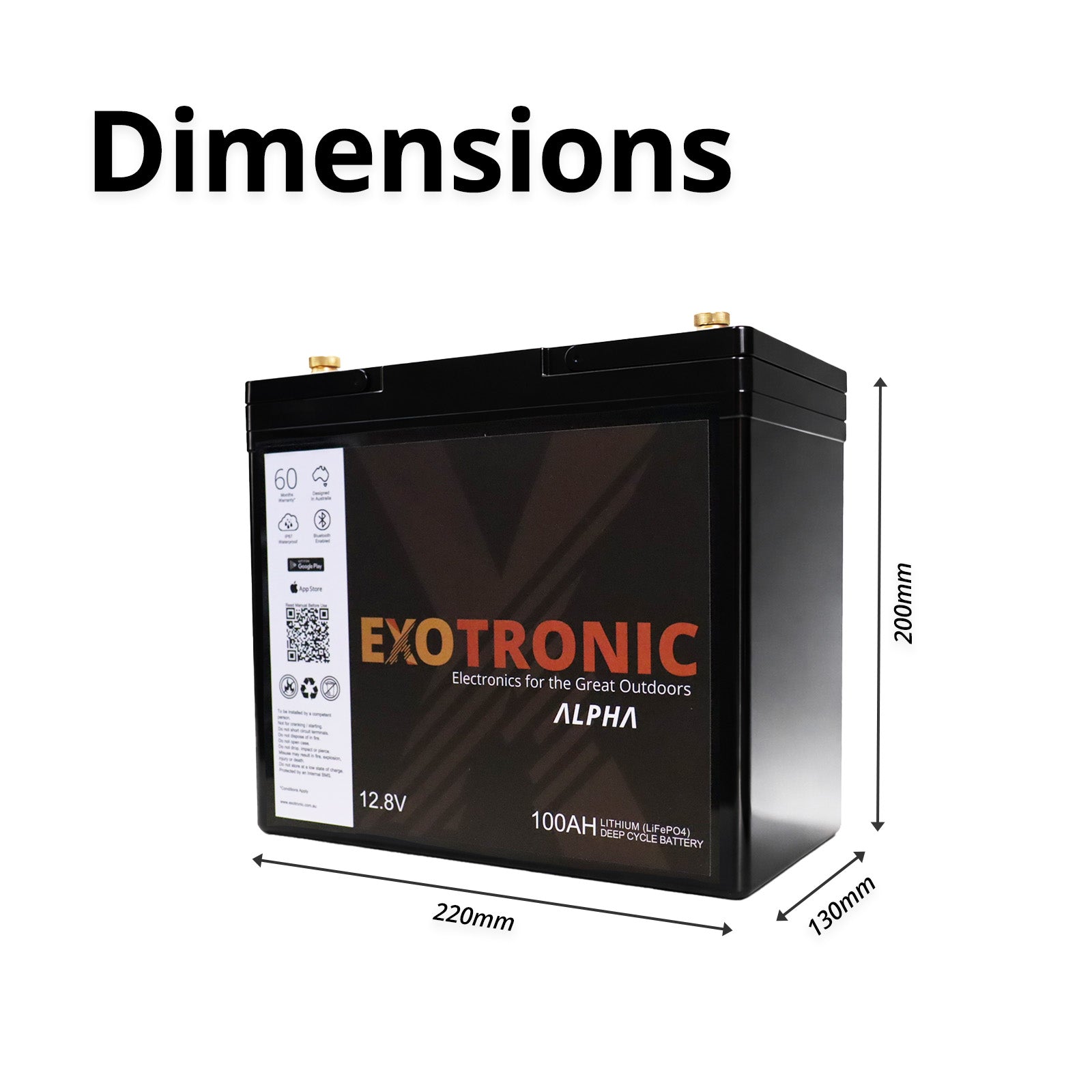 Dimensional drawing of 100Ah lithium battery showing 220mm length 130mm width and 200mm height