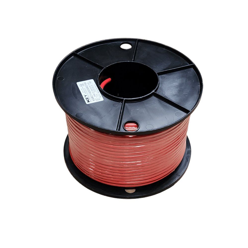 Black plastic spool holding 100m of red 6B&S automotive cable with specification label