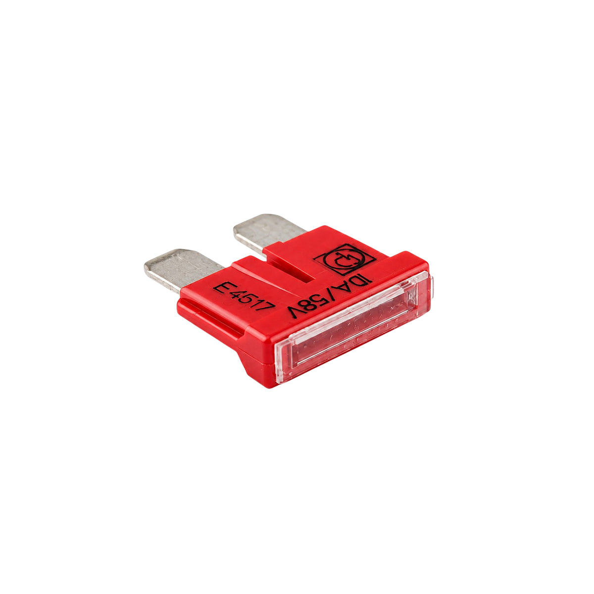 Perspective view of the red 10A 58V blade fuse showing the housing and silver blades