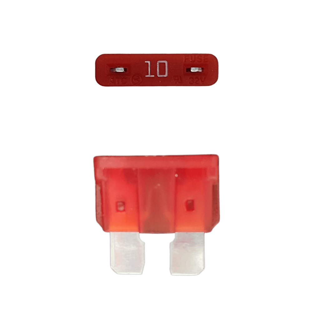 Red 10A ATO/ATC automotive blade fuse with silver-plated terminals showing top and side profiles