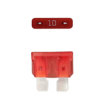 Red 10A ATO/ATC automotive blade fuse with silver-plated terminals showing top and side profiles