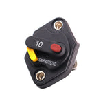 Front view of 10A mini panel mount circuit breaker with manual reset lever and red trip button