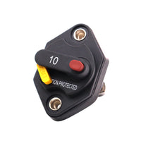 Front view of 10A mini panel mount circuit breaker with manual reset lever and red trip button