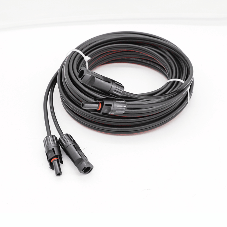 Coiled 10m twin solar extension cable featuring pre-crimped MC4 connectors and double insulated black sheathing