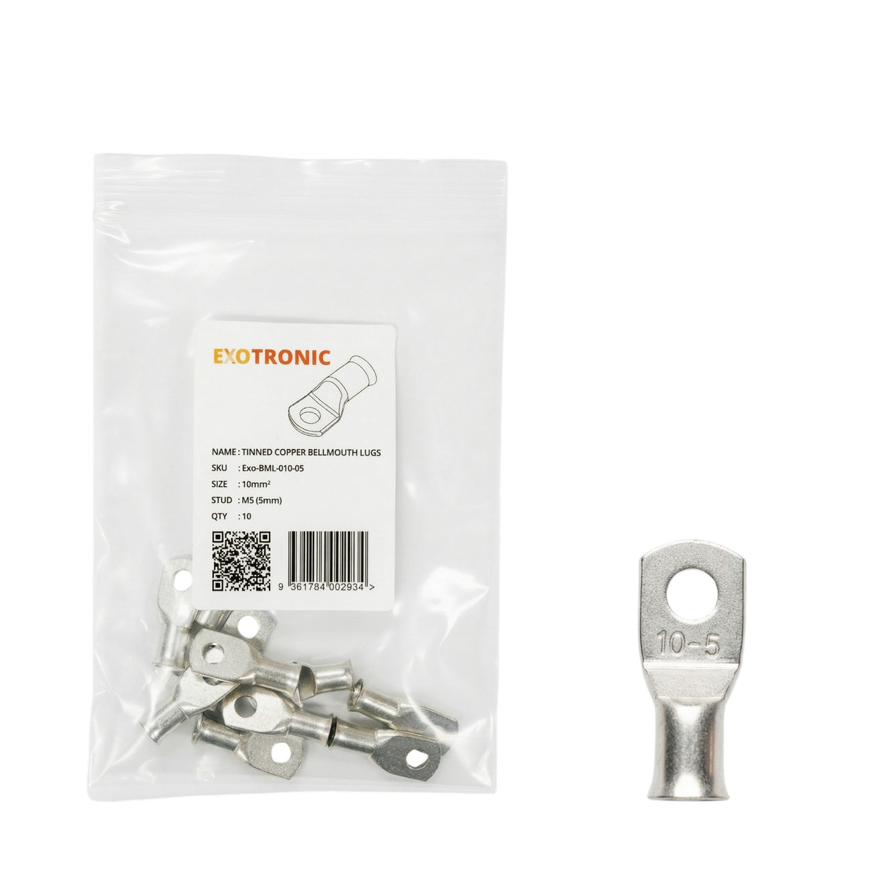 10 pack of 10mm² tinned copper bellmouth lugs with M5 stud hole and one loose lug