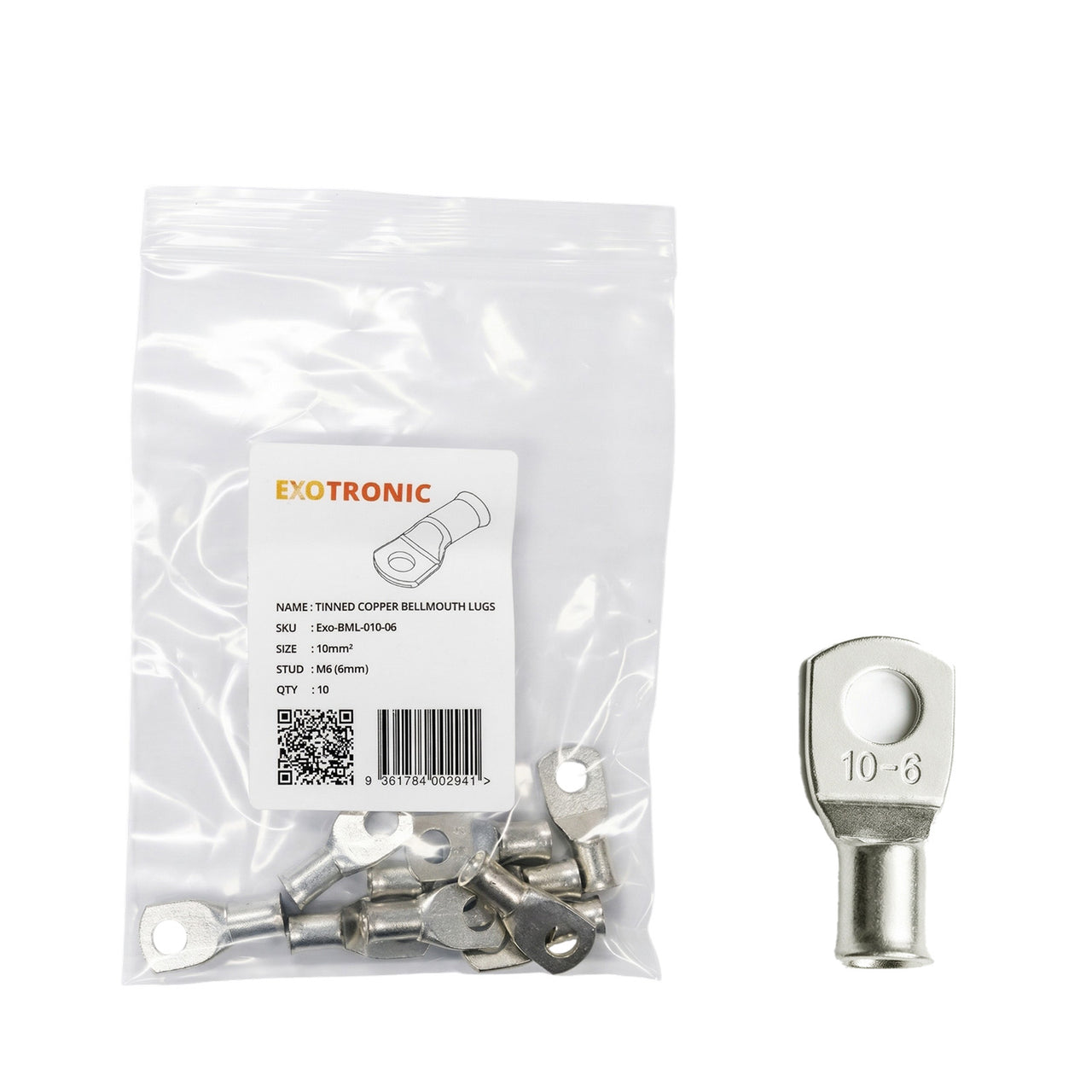 10 pack of 10mm² tinned copper bellmouth lugs with M6 stud hole and one loose lug
