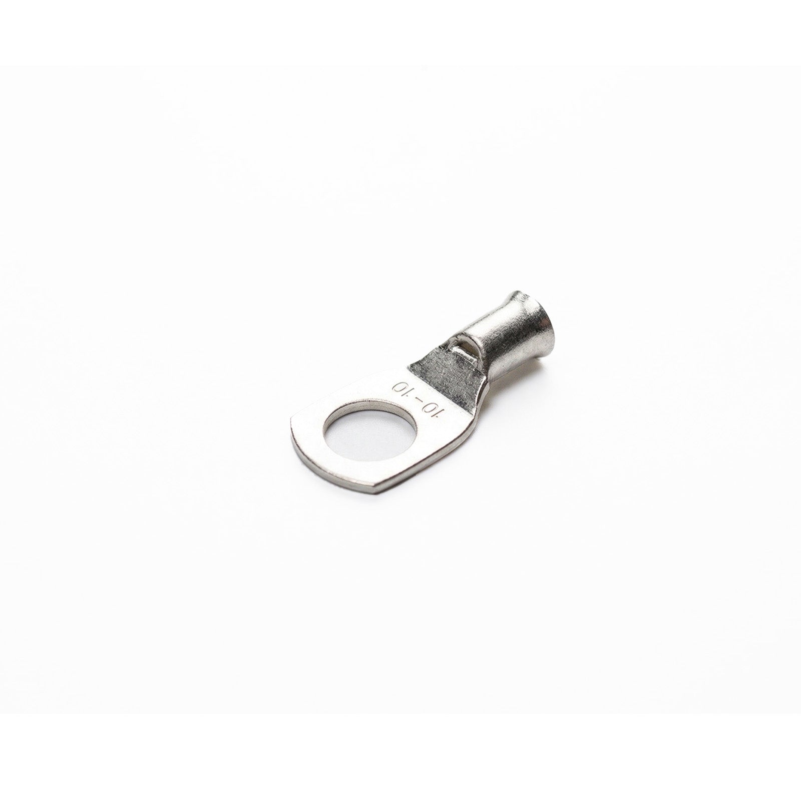 Perspective view of a single 10mm² tinned copper cable lug for M10 studs