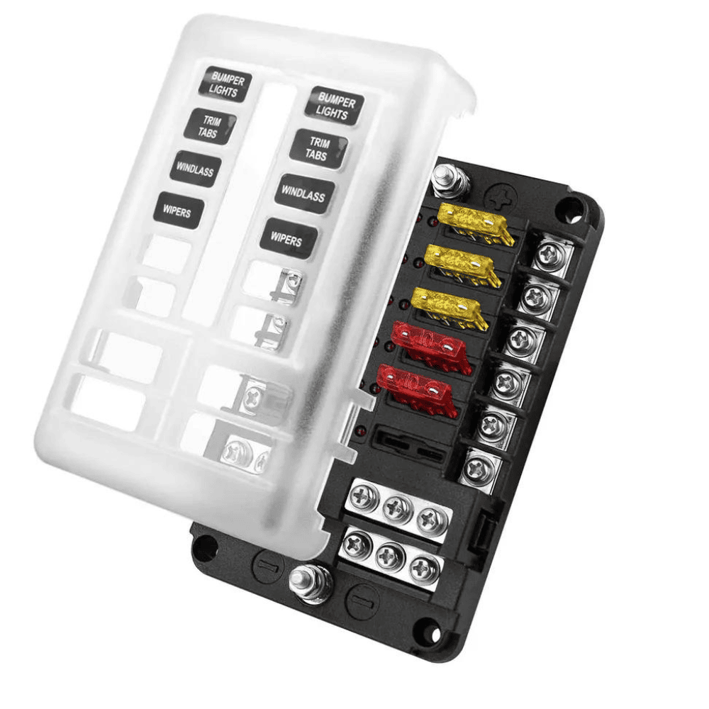 Angled view of 12-way blade fuse holder with transparent cover, identifying labels and inserted fuses