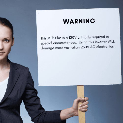 Warning sign stating 120V output will damage 230V Australian electronics